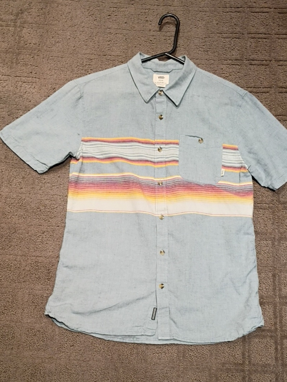 Vans Light Blue Short Sleeve Button-Down with Multicolor Chest Stripe